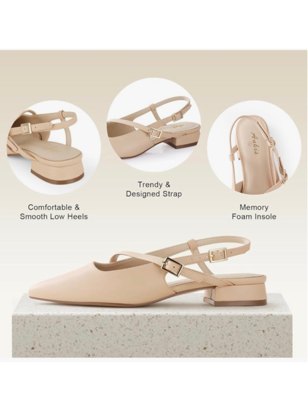 NEW Slingback Low Heels Closed Pointed Toe Ankle Strap Memory Foam 9.5 - Picture 7 of 9